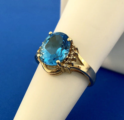 14K Yellow Gold London Blue Topaz Diamond December Anniversary Cocktail Ring