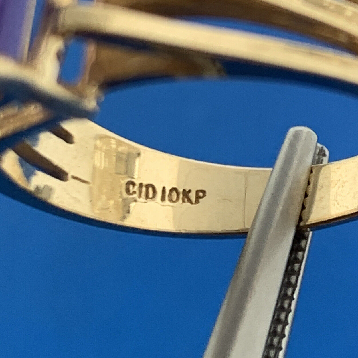 Designer CID 10k Yellow Gold Emerald Cut Purple Amethyst Regal Ring Size 6.75