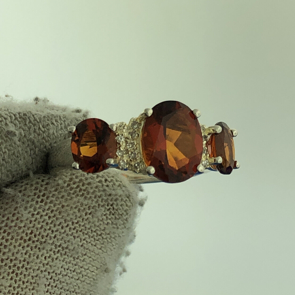 Designer Sterling Silver 925 Orange Citrine Quartz Oval Trio Cocktail Ring