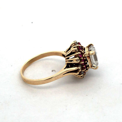 10K Yellow Gold ASC Emerald Cut White Tourmaline Ruby Halo Engagement Ring