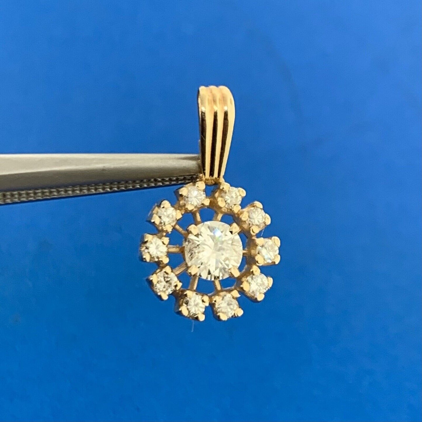 Designer 14K Yellow Gold Round Diamond W/Diamond Halo Floral Charm Pendant