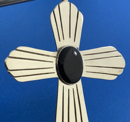 Taxco Mexico 925 Sterling Silver Black Onyx Large Ethnic Statement Cross Pendant