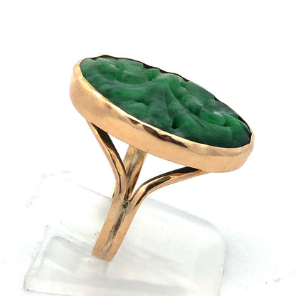 Vintage 14K Yellow Gold Oval Green Jade Hand Carved Leaves Flowers Open Ring