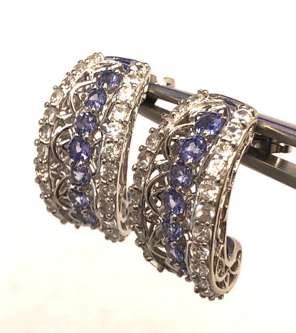 Designer 925 Sterling Silver Tanzanite & White Topaz Shrimp Style Stud Earrings