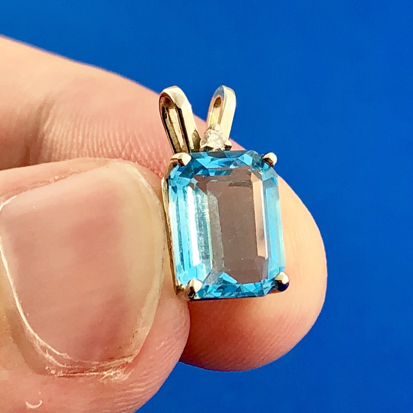 14K White Gold Rectangular Swiss Blue Topaz Diamond Accent Pendant
