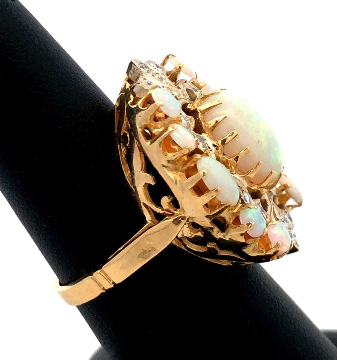 Designer 18K Yellow Gold Oval White Opal Diamond Art Deco Statement Ring