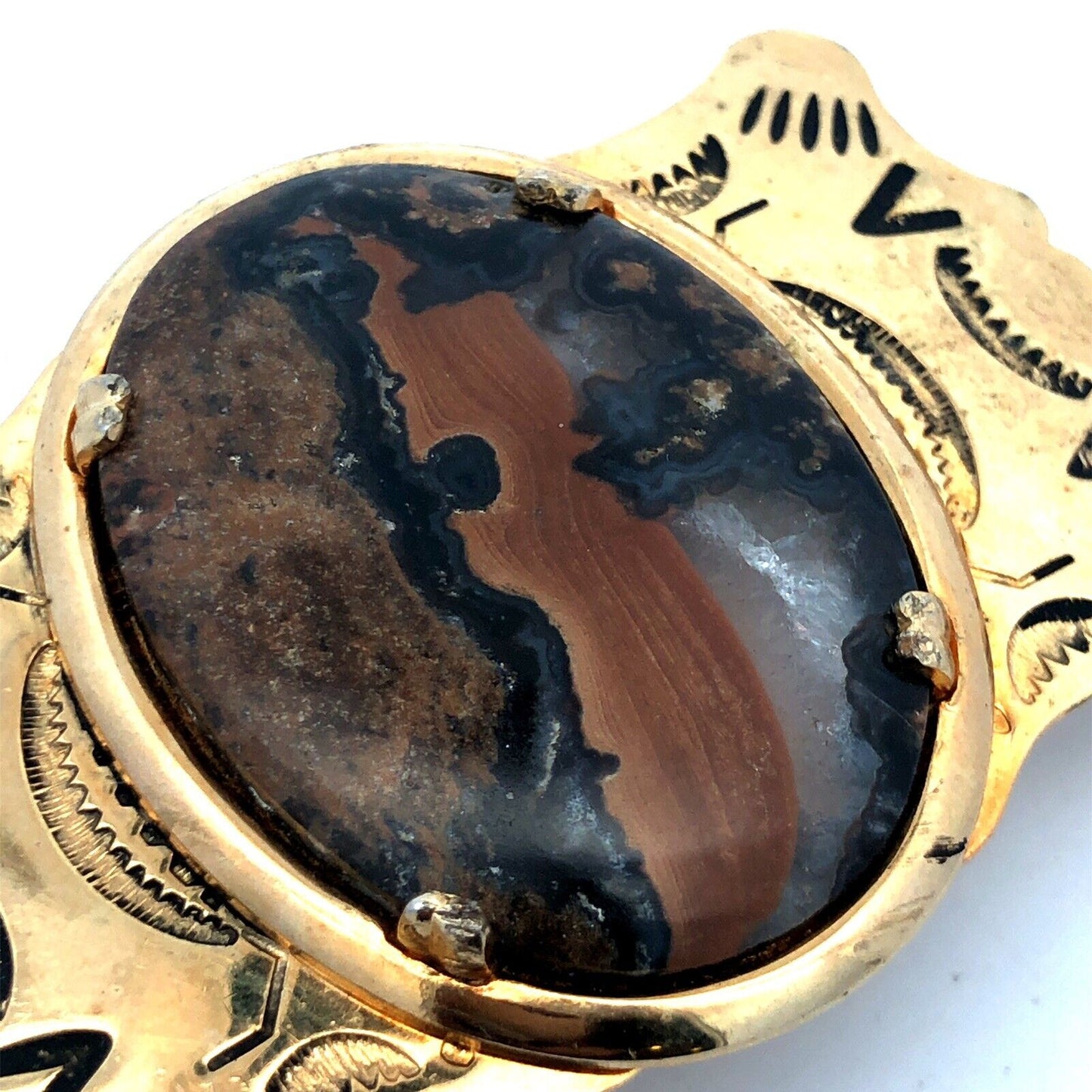 Retro Gold Tone Brass Southwestern Etched Oval Volcanic Stone Unisex Belt Buckle