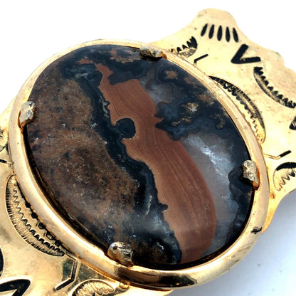 Retro Gold Tone Brass Southwestern Etched Oval Volcanic Stone Unisex Belt Buckle