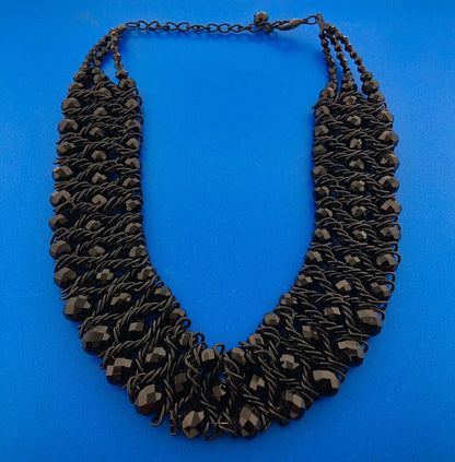 Mid Century Black Toned Carved Beaded Black Jet Woven Statement Necklace Bib