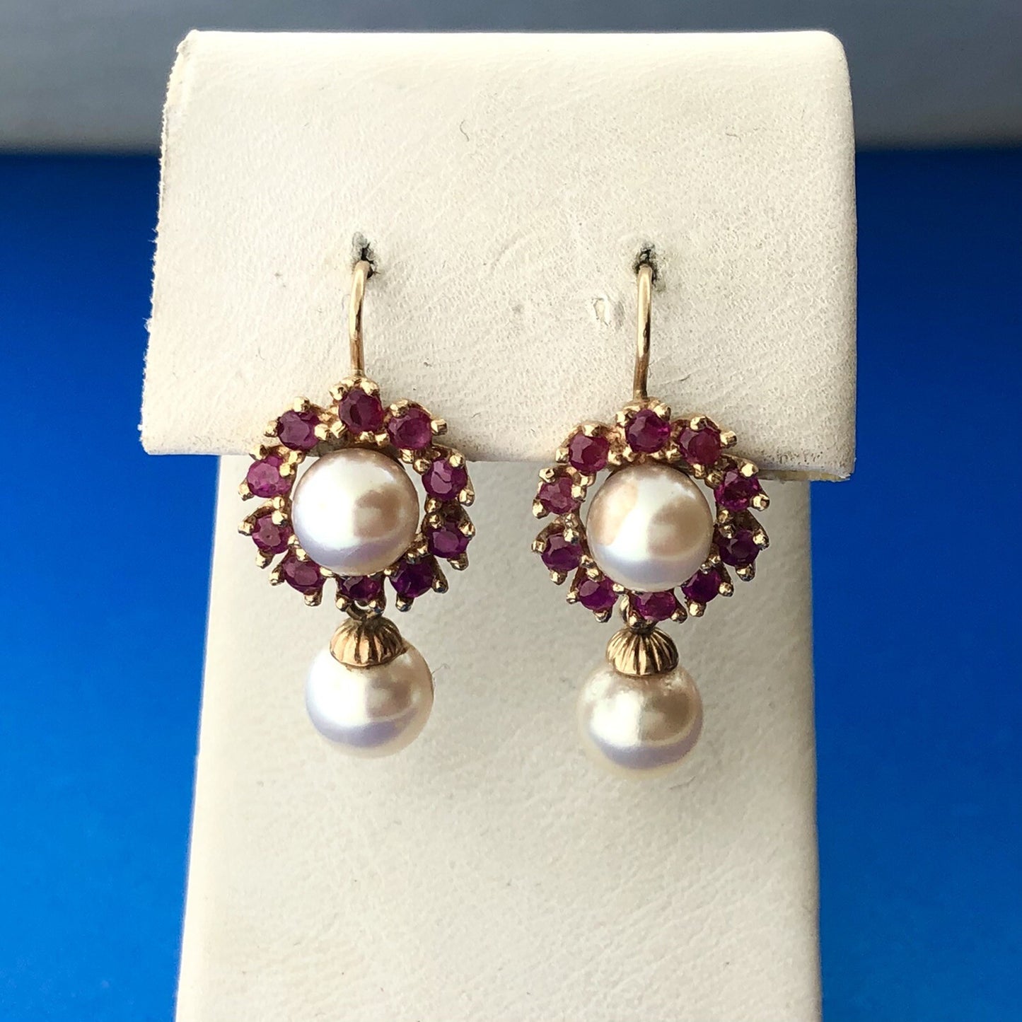 Vintage 14k Yellow Gold Round Cut Red Ruby White Pearl French Hook Earrings