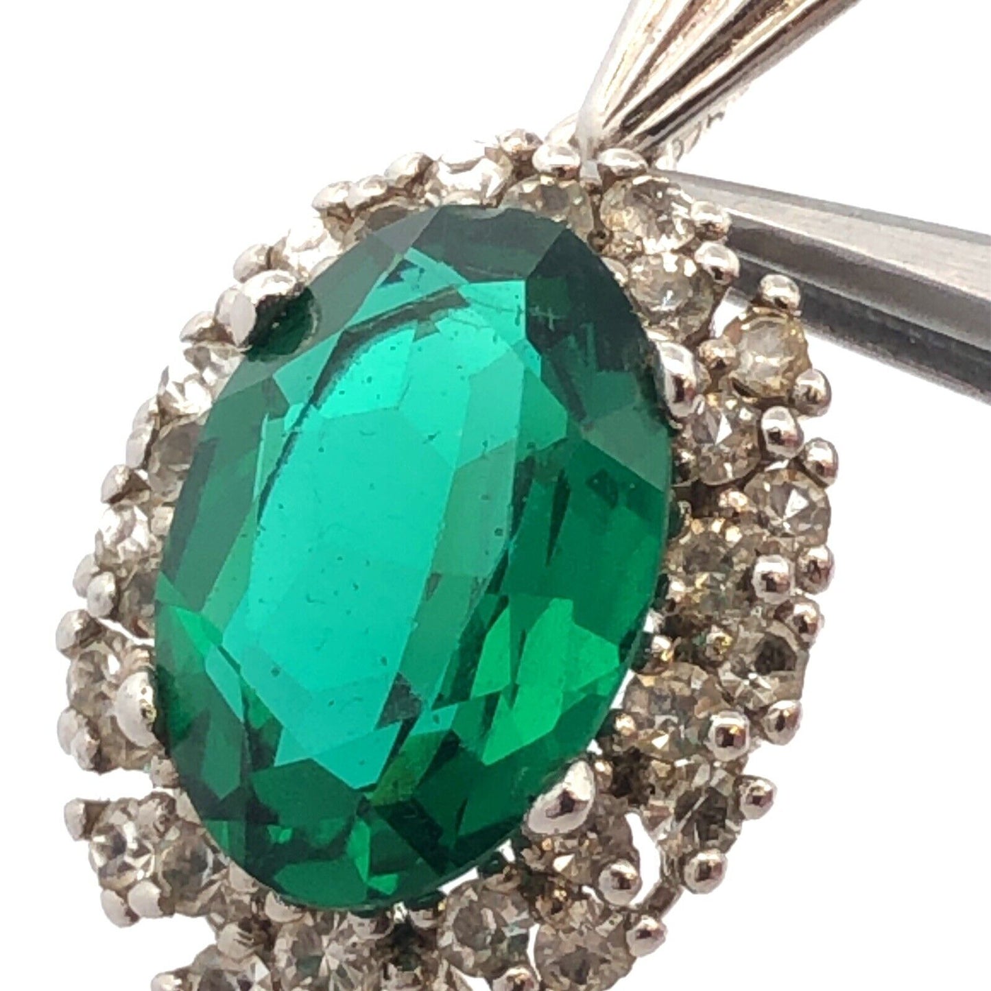 Estate 925 Sterling Silver Oval Green Round White Cubic Zirconia CZ Pendant