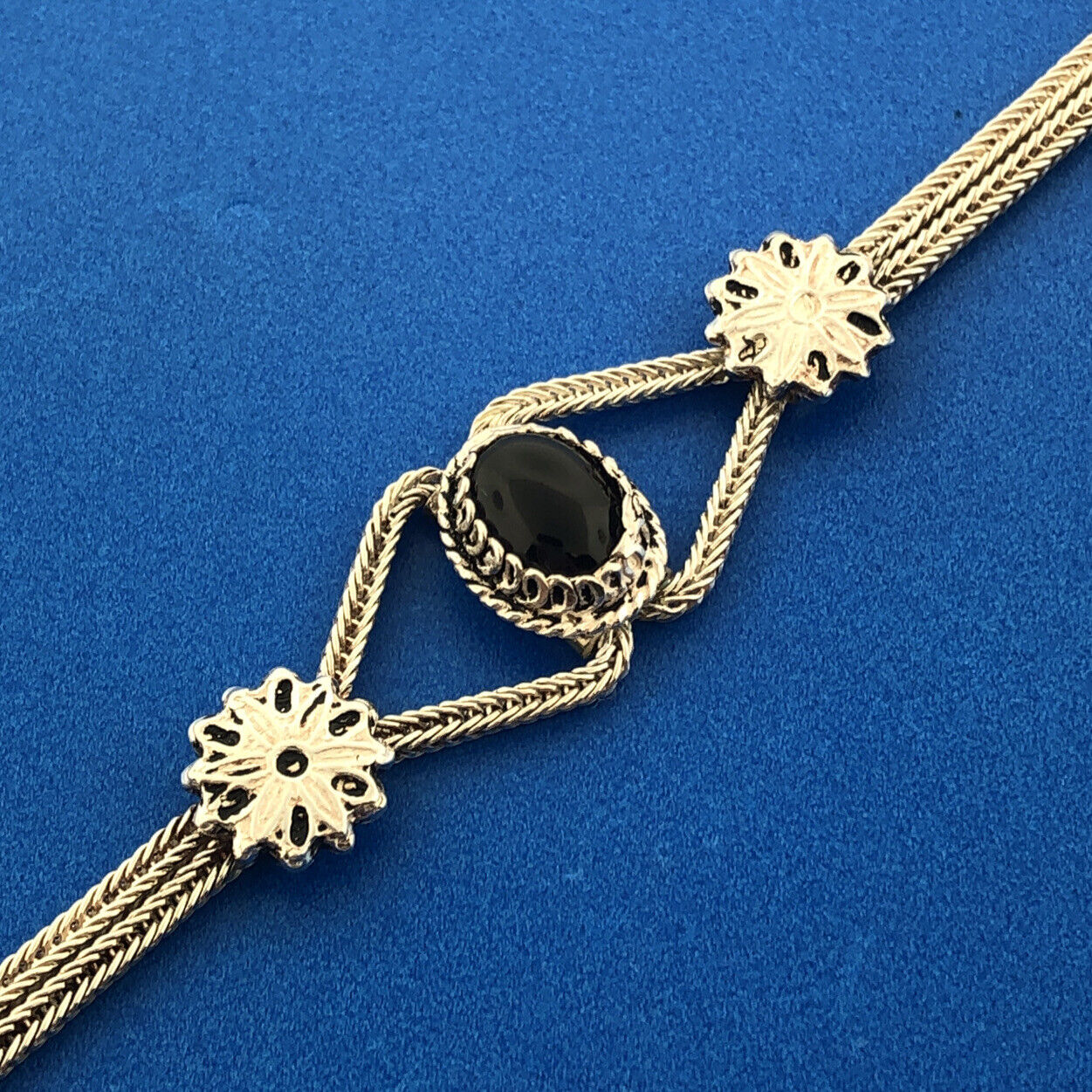 Art Deco Style 925 Sterling Silver Black Onyx Enamel Double Strand Bracelet