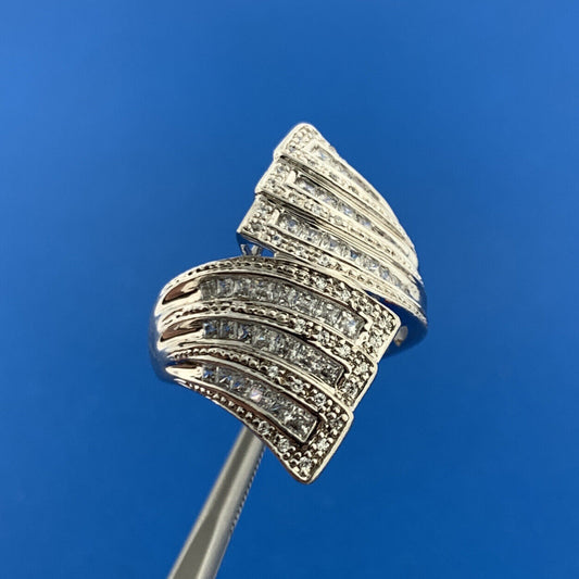 Designer MEDA Sterling Silver 925 Sparkling CZ Statement Bypass Ring Size 8