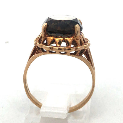 Vintage 10K Yellow Gold Oval Smoky Topaz Statement Cocktail Ring
