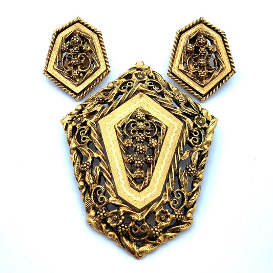 Mid Century Gold Tone Scroll Floral Vine Open Work Brooch Clip Earrings Set