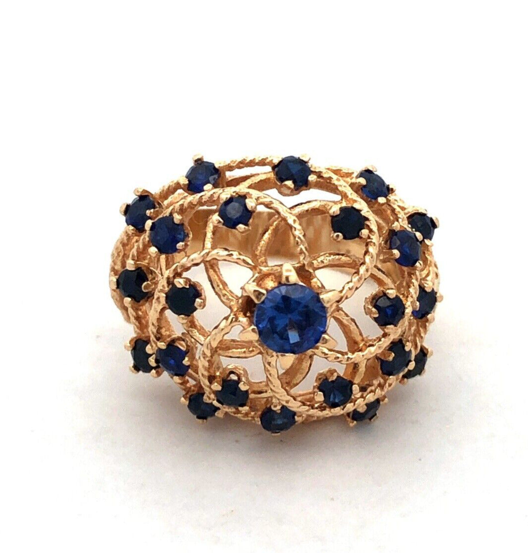 Estate 18K Yellow Gold Blue Sapphire Open Work Harem Cocktail Statement Ring