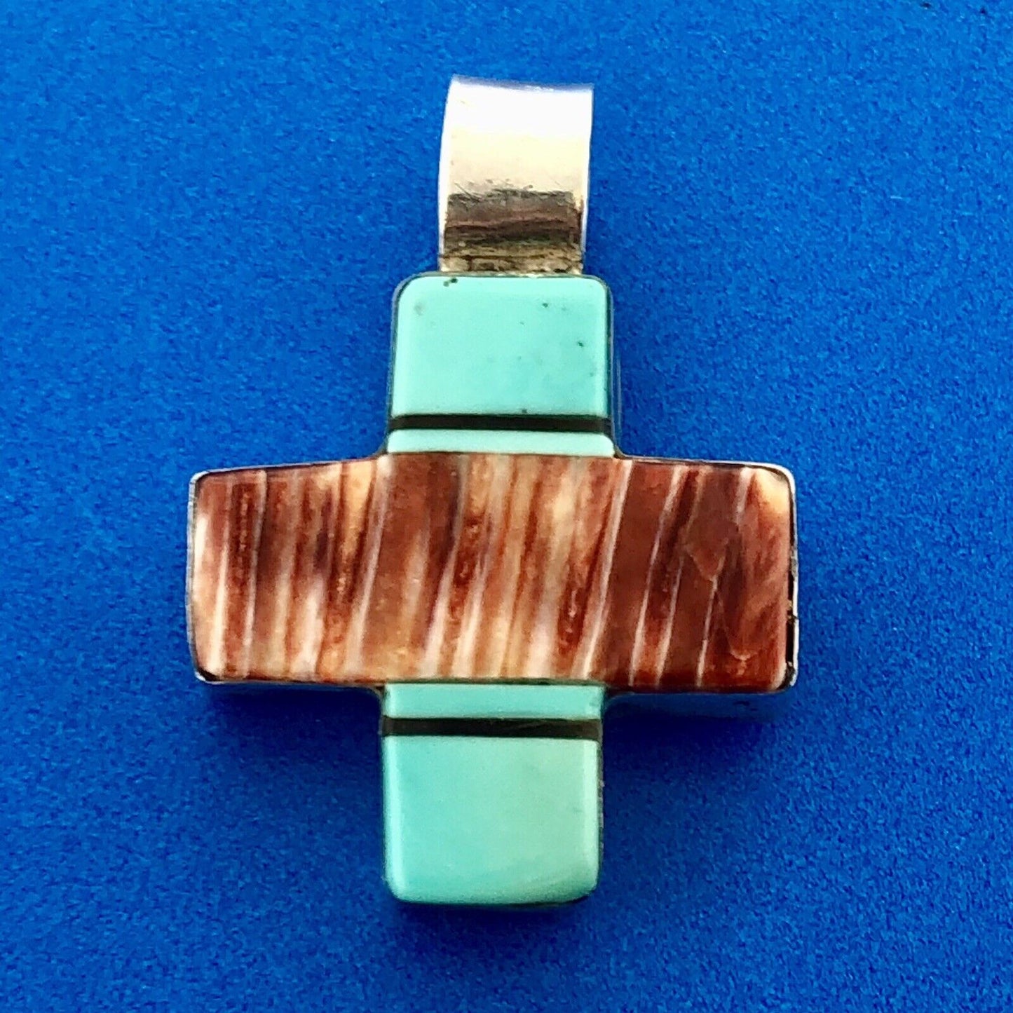 Native American Signed Sterling Silver Turquoise Black Onyx Jasper Cross Pendant