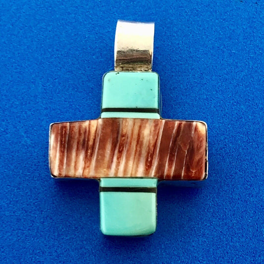 Native American Signed Sterling Silver Turquoise Black Onyx Jasper Cross Pendant