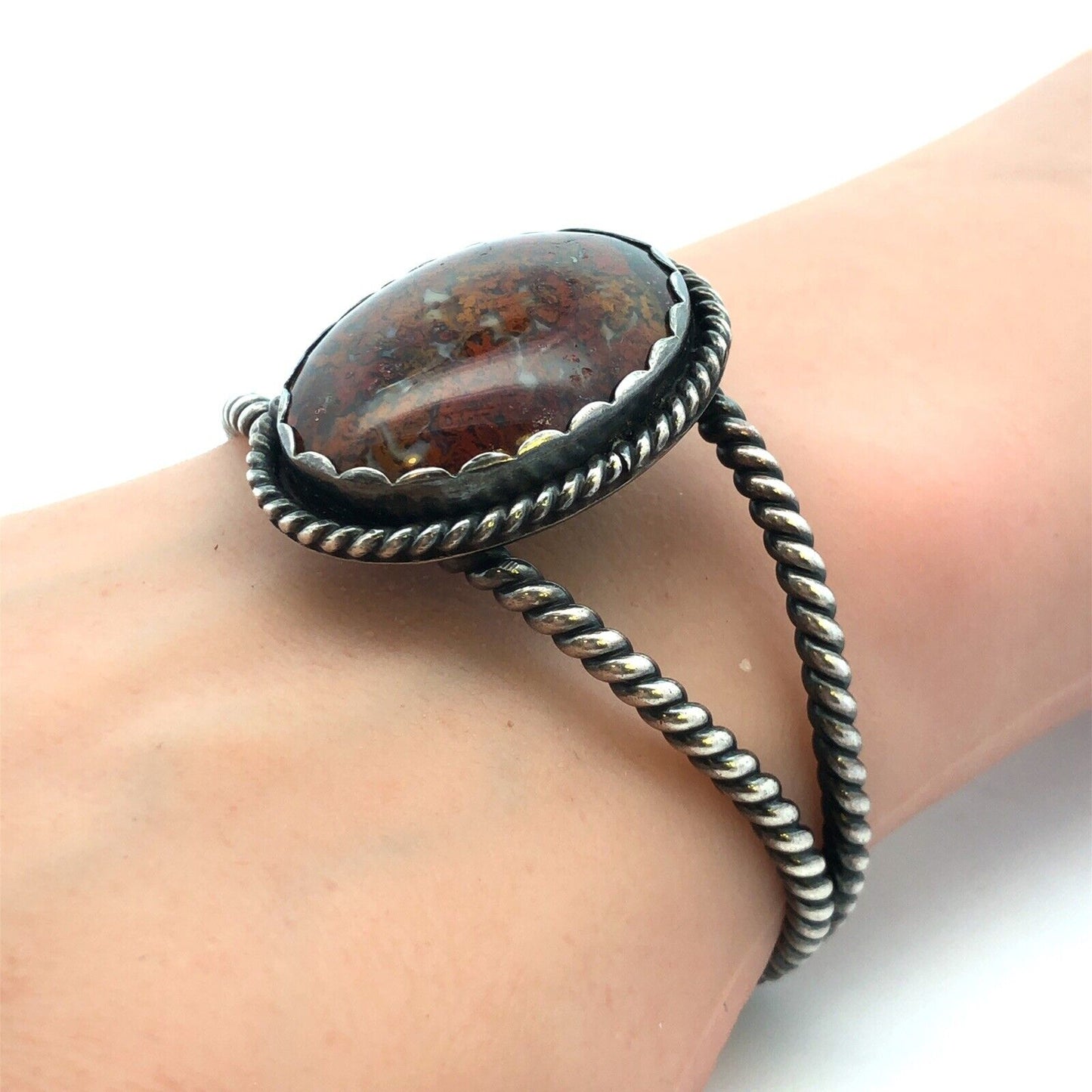 Vintage 925 Sterling Silver Brown Agate Cabochon Statement Open Cuff Bracelet