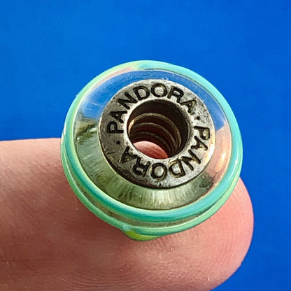 Authentic PANDORA Sterling Silver Lime Banded Striped Murano Glass Bead Charm