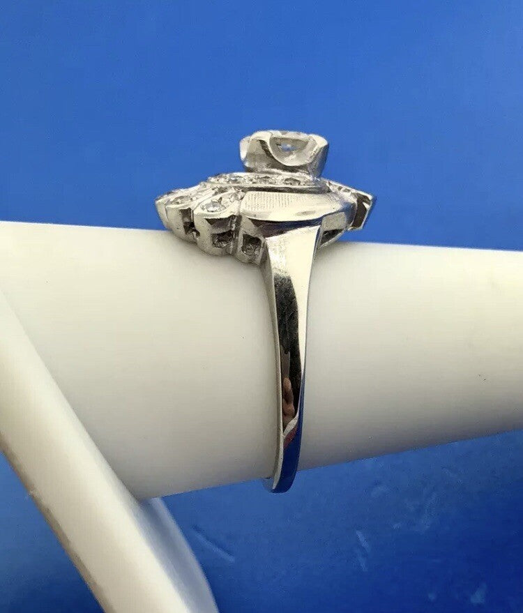 Art Deco 14K White Gold Diamond Solitaire Accents Free Form Engagement Ring