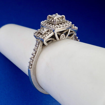 14K White Gold Princess Diamond Trio Halo Engagement Bridal Ring