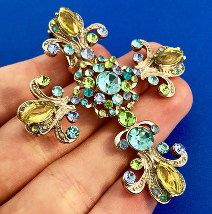 Silver Tone Grn Blue Aqua Crystal Fleur De Lis Cross Statement Enhancer Pendant