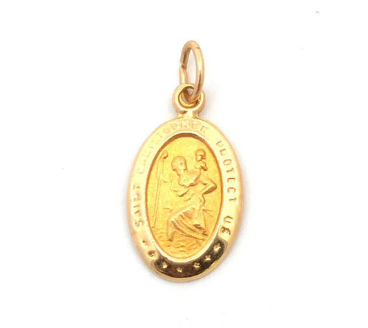 Designer 14K Yellow Gold Saint Christopher Protect Us Oval Petite Pendant