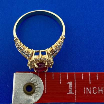 14K Yellow Gold Oval Ruby Diamond Engagement July Bday Cocktail Statement Ring