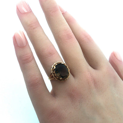 Vintage 10K Yellow Gold Oval Smoky Topaz Statement Cocktail Ring