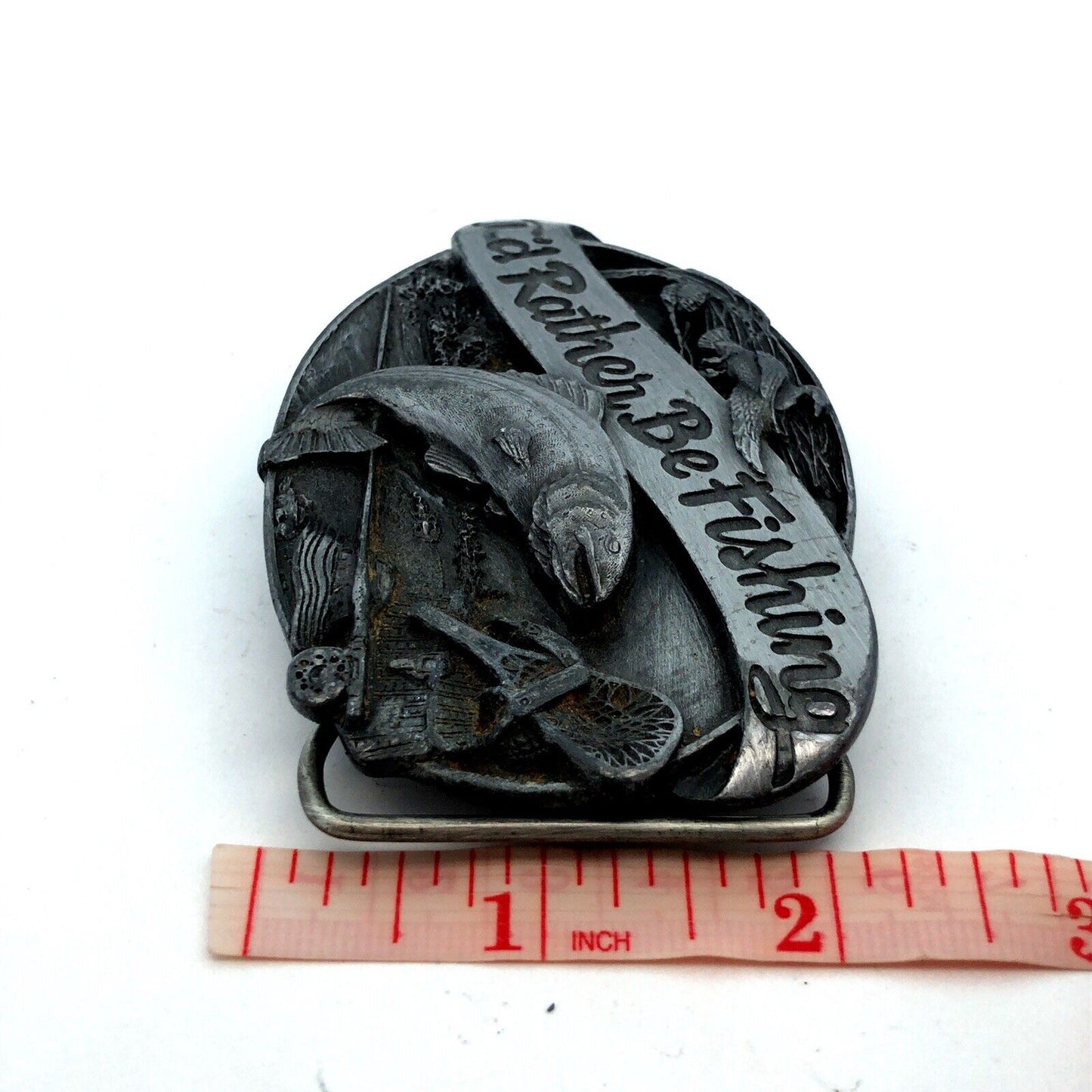 1985 Siskiyou Buckle Co “I'd Rather Be Fishing” Pewter Statement Belt Buckle