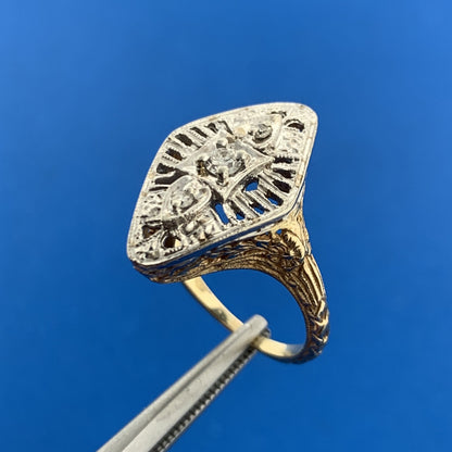 Art Deco 14K Yellow White Gold Diamond Open Work Filigree Cocktail Ring
