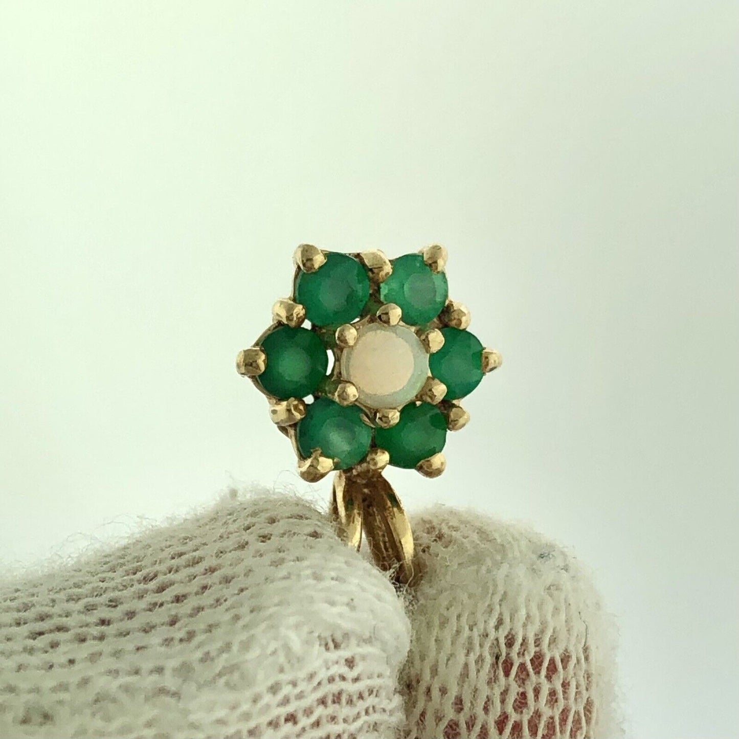 Gorgeous 14k Yellow Gold White Opal Round Cut Emerald Floral Cluster Pendant