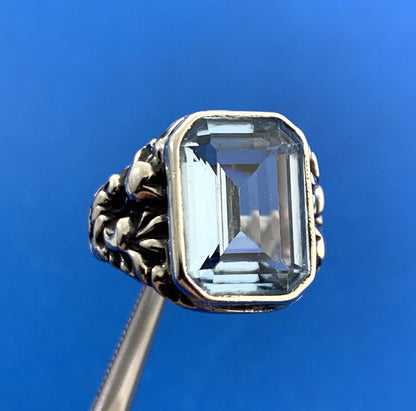 Estate Sterling Silver Emerald Cut Blue Topaz Scroll Floral Vine Cocktail Ring