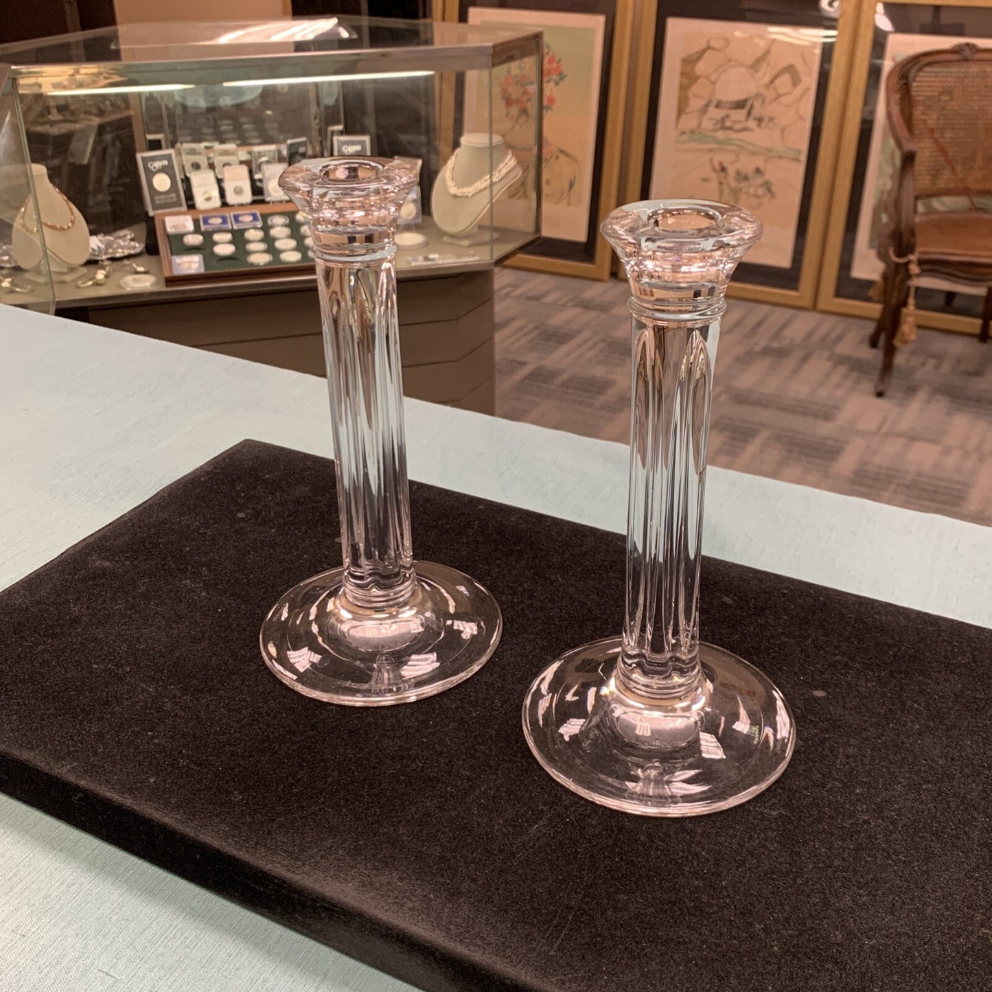 Tiffany & Co Crystal Fluted Hampton Column Pair Of 8.5" Candle Holders Set