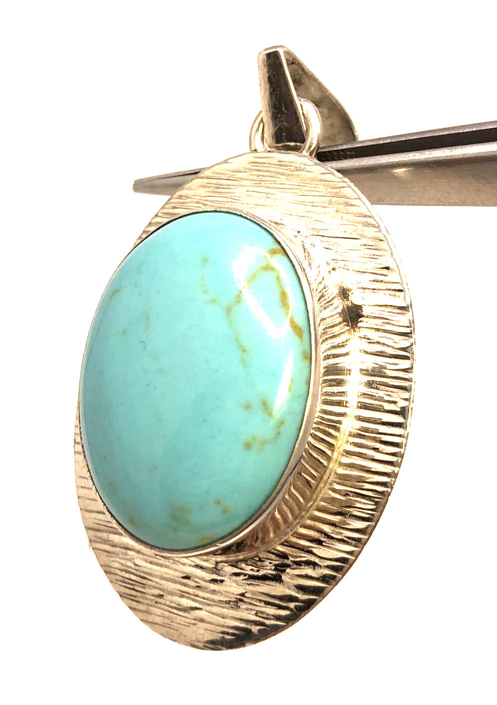 Taxco Mexico 925 Sterling Silver Oval Turquoise Textured Statement Pendant
