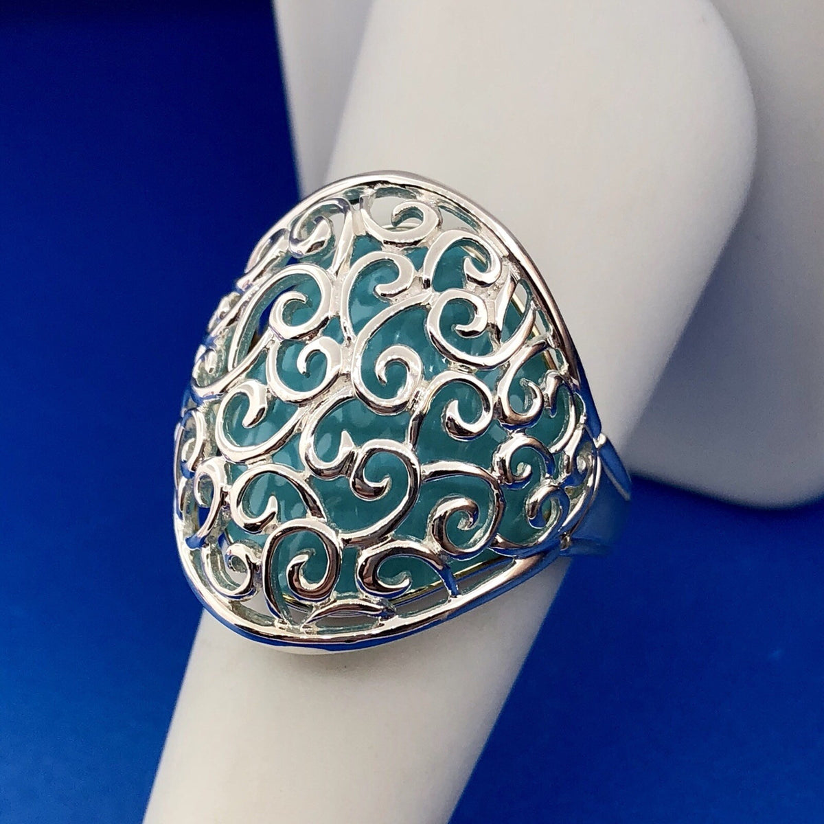 Designer 925 Sterling Silver Aqua Enamel Swirl Scroll Open Work Statement Ring