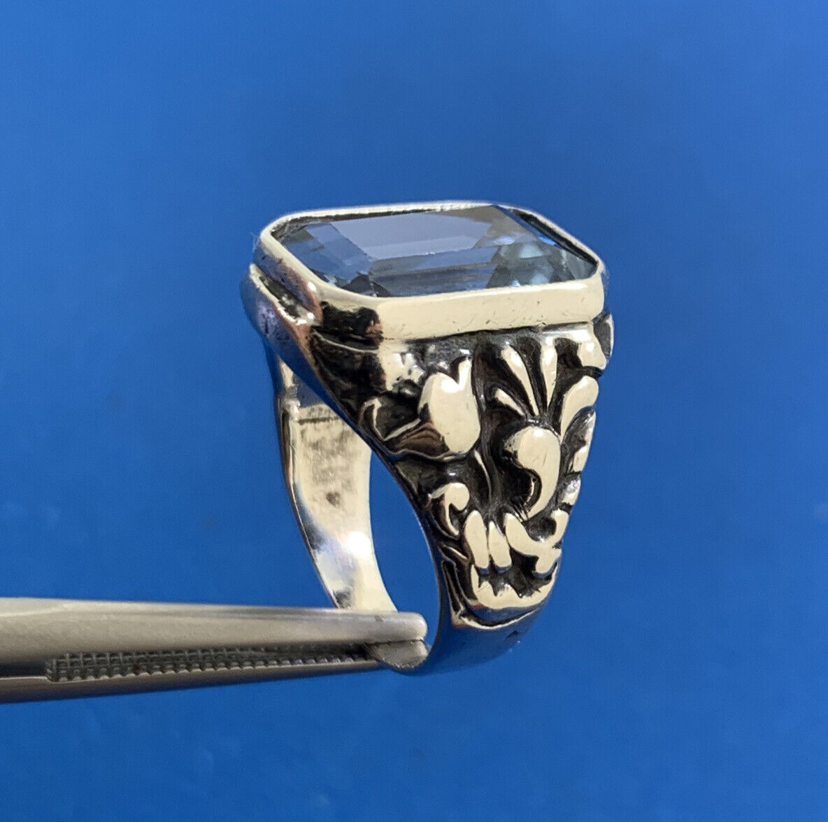 Estate Sterling Silver Emerald Cut Blue Topaz Scroll Floral Vine Cocktail Ring