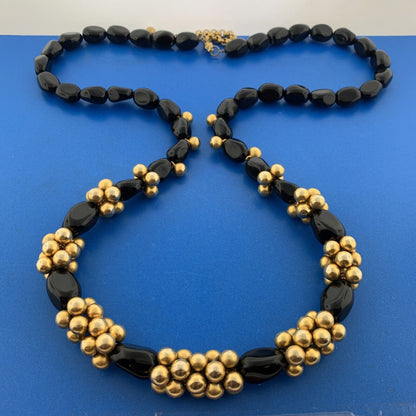 Haute Couture Runway Quality Black Onyx Gold Tone Metal Beads Statement Necklace