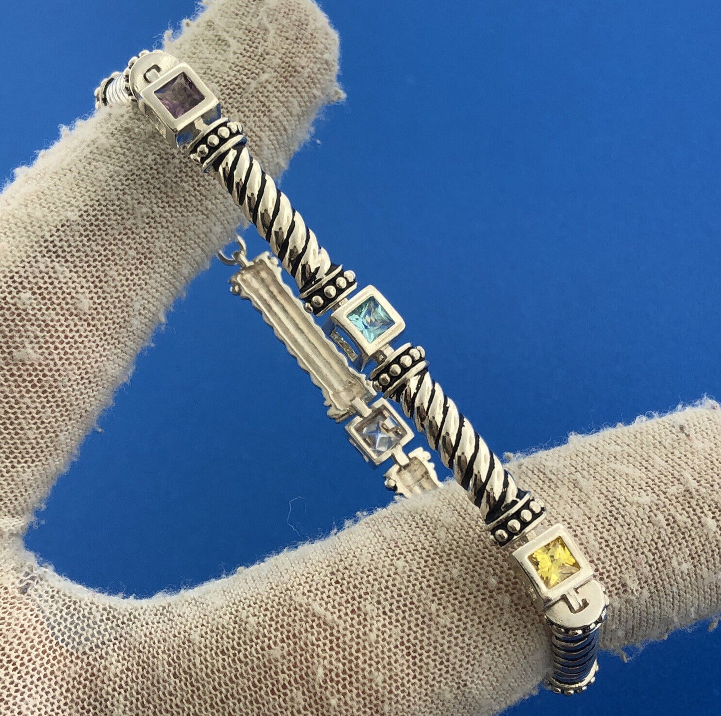 Estate 925 Sterling Silver Princess Cut Multicolor Cubic Zirconia CZ Bracelet