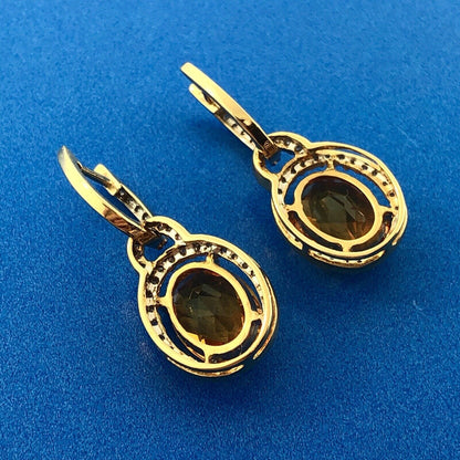Estate KA 18K Yellow Gold Oval Citrine Diamond November Anniversary Earrings