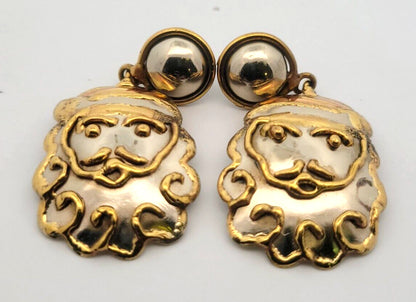 Vintage Mexico Silver Tone Copper Brass Santa Brooch/Pendant Earrings 3 Pc Set