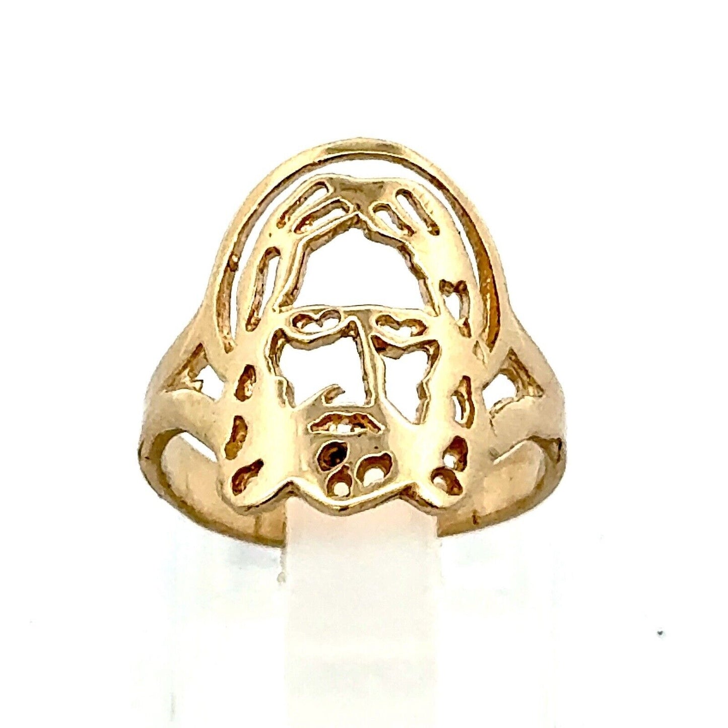 14K Yellow Gold Modernist Cutout Jesus Christ Face Religious Ring