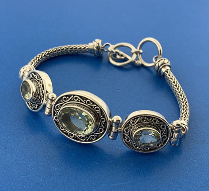 BA Suarti Sterling Silver Oval Prasiolite  Balinese Statement Toggle Bracelet