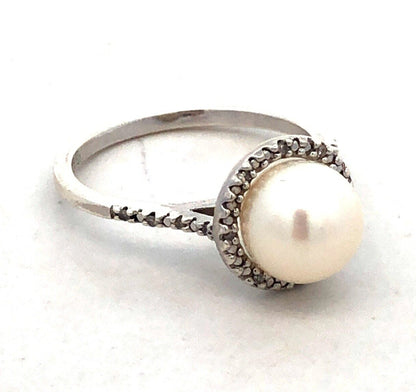 Designer 925 Sterling Silver Round Pearl Diamond Halo June Anniversary Ring