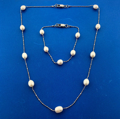 Lovely White Gold-Filled Baroque Oval Pearl Station Bracelet & Necklace Set
