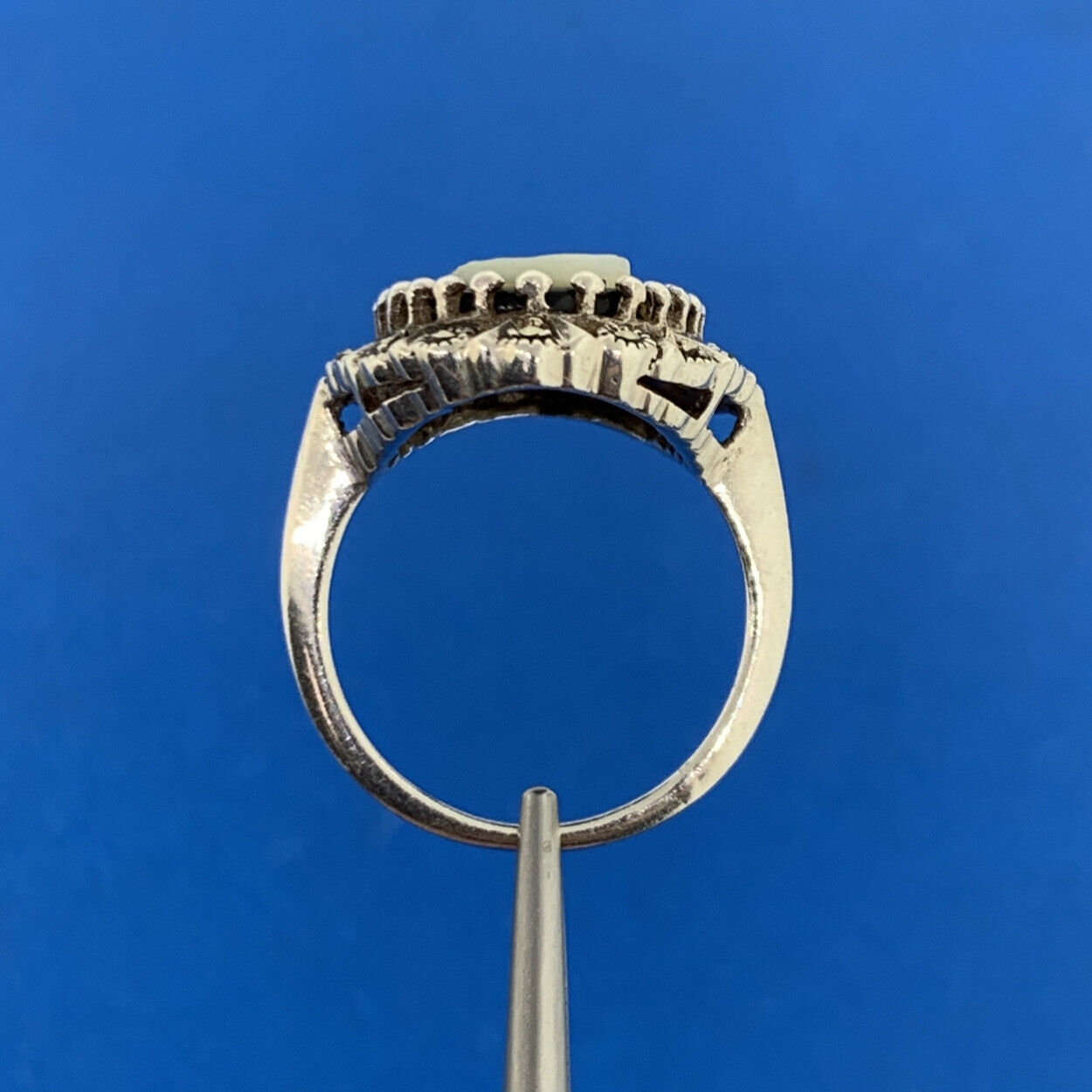 Designer 925 Sterling Silver Carved MOP Black Onyx Marcasite Cameo Cocktail Ring