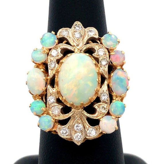 Designer 18K Yellow Gold Oval White Opal Diamond Art Deco Statement Ring