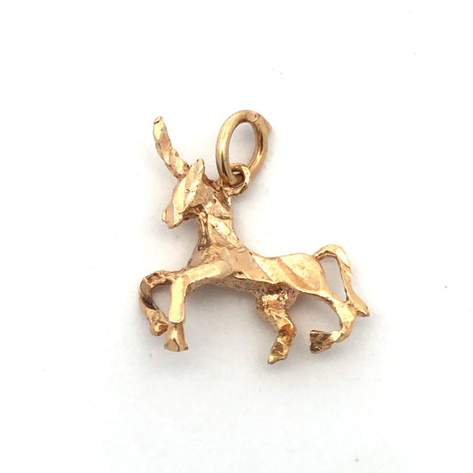 Vintage 14K Yellow Gold Textured Unicorn Magical Horse Fairy Tale Charm Pendant