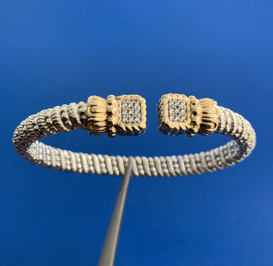 Alwand Vahan Sterling Silver 14K Gold Diamond Moire Beaded Open Cuff Bracelet